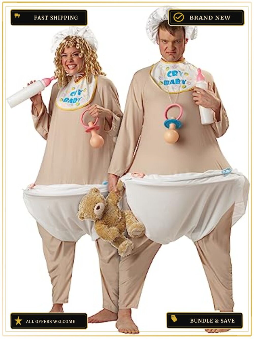 Adult Cry Baby Costume Bodysuit Hoop Diaper Bonnet Unisex